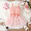 2pcs Baby Girl Pink Ribbed Spaghetti Strap Romper and Butterfly Appliques Mesh Skirt Set incarnadinepink