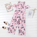 Kid Girl Cold Shoulder Butterfly Floral Print/Yellow Short-sleeve Jumpsuits Pink