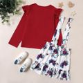 2-piece Kid Girl Ruffled Long-sleeve Red Tee and Floral Print Suspender Skirt Set WineRed