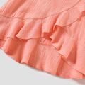 100% Cotton Family Matching Coral Crepe V Neck Ruffle Short-sleeve Wrap Dresses and Colorblock T-shirts Sets ColorBlock
