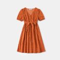 Family Matching Cross Wrap V Neck Swiss Dot Short Puff Sleeve Dresses and Colorblock T-shirts Sets Orange red