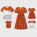 Family Matching Cross Wrap V Neck Swiss Dot Short Puff Sleeve Dresses and Colorblock T-shirts Sets Orange red