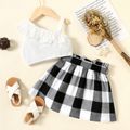 2-piece Toddler Girl Flounce One Shoulder Strap White Tee and Button Design Belted Plaid Skirt BlackandWhite