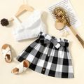 2-piece Toddler Girl Flounce One Shoulder Strap White Tee and Button Design Belted Plaid Skirt BlackandWhite