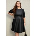 Women Plus Size Basics Round-collar Short-sleeve Dress Black