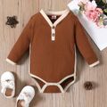 Baby Boy/Girl Solid Ribbed V Neck Button Long-sleeve Romper Brown image 1
