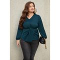 Women Plus Size Elegant V Neck Long-sleeve Blouse Turquoise