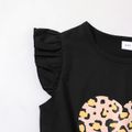 Kid Girl Heart Leopard Print Flutter-sleeve Tie Knot Tee Black