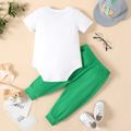 St. Patrick's Day 2pcs Baby Boy Four-leaf Clover and Letter Print Short-sleeve Romper with Solid Trousers Set greenwhite