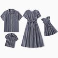 Family Matching Striped V Neck Button Down Short-sleeve Dresses and Shirts Sets Bluish Grey