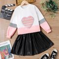2-piece Kid Girl Heart Pattern Sequined Colorblock Sweatshirt and PU Faux Leather Skirt Set Multi-color