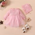 100% Cotton 2pcs Lace and Mesh Layered Ruffle and Bow Decor Long-sleeve Romper with Hat White or Pink or Red Baby Set Pink