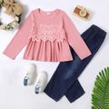 2-piece Kid Girl Floral Lace Design Long-sleeve Top and Denim Jeans Set Pink