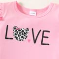2pcs Baby Girl Letter Print Ruffle Short-sleeve T-shirt and Leopard Bowknot Flared Pants Set Pink