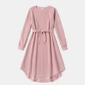 Pink Cable Knit Textured Round Neck Long-sleeve Belted Dress for Mom and Me Pink