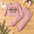 Mother's Day 2-piece Toddler Girl Ruffled Letter Print Waffle Long-sleeve Top and Elasticized Solid Color Pants Set Pink