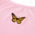 Kid Girl Butterfly Print Round-collar Solid Color Lettuce Trim Short-sleeve Dress Pink