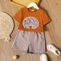 2-piece Toddler Girl Elephant Embroidered Brown Tee and Elasticized Plaid Shorts Set Brown
