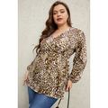 Women Plus Size Elegant Leopard Print V Neck Long-sleeve Blouse Brown