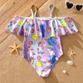 Kid Girl Unicorn Rainbow Print Off Shoulder Strap Onepiece Swimwear Light Purple