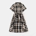 Family Matching Black Plaid Button Down Belted Long-sleeve Shirt Dresses and Tops Sets BlackandWhite