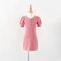 Pink Ribbed Puff Half Sleeve Mini Bodycon Dress for Mom and Me Mauve Pink