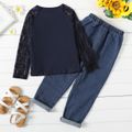 2-piece Kid Girl Floral Print Lace Design Long-sleeve Top and Ripped Denim Jeans Set Navy