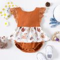 100% Cotton Baby Girl Lace Flutter-sleeve Splicing Animal Print Skirted Romper Color block