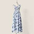 Family Matching Blue Floral Print Sleeveless Shirred Dresses and Colorblock Short-sleeve T-shirts Sets Dark Blue/white