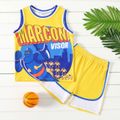 2-piece Kid Boy Letter Print Colorblock Tank Top and Elasticized Shorts Sporty Set Yellow