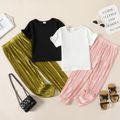 2-piece Kid Girl Solid Color Short-sleeve Tee and Metallic Pleated Pants Set Pink