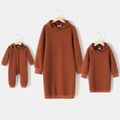 Solid Coffee Textured Long-sleeve Hoodie Dress for Mom and Me Coffee image 1