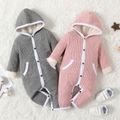 Baby Boy/Girl Solid Knitted Thickened Fleece Lined Long-sleeve Hooded Jumpsuit Pink