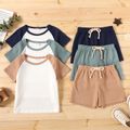 2-piece Toddler Boy Waffle Colorblock Raglan Sleeve Tee and Solid Color Shorts Set Brown image 1