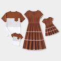 100% Cotton Family Matching Coffee Short-sleeve Tiered Dresses and Colorblock T-shirts Sets Coffee