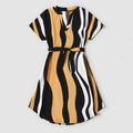 Family Matching Striped V Neck Short-sleeve Belted Dresses and Raglan-sleeve T-shirts Sets Black/White