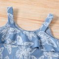 2pcs Baby Girl All Over Butterfly Print Imitation Denim Sleeveless Ruffle Crop Tank Top and Belted Skirt Set DENIMBLUE
