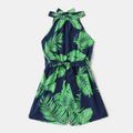 All Over Green Palm Leaves Print Halter Neck Sleeveless Belted Romper for Mom and Me Green