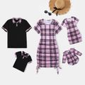 Family Matching Pink Plaid Ruched Drawstring Mini Bodycon Dresses and Polo Shirts Sets Black
