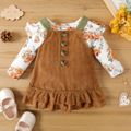 2pcs Baby Girl Floral Print Long-sleeve Romper and Corduroy Layered Ruffled Overall Dress Set Khaki