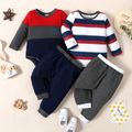 2pcs Baby Boy Striped Long-sleeve Romper and Solid Trousers Set Grey image 1