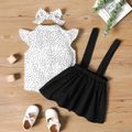 3-piece Toddler Girl Polka dots Flutter-sleeve Blouse, Button Design Suspender Skirt and Headband Set BlackandWhite