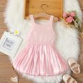 100% Cotton Baby Girl Solid Knitted Bowknot Sleeveless Pleated Dress Pink