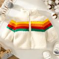 Baby Boy/Girl Rainbow Striped Thickened Fuzzy Fleece Long-sleeve Zip Jacket Beige