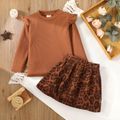2-piece Toddler Girl Ruffled Long-sleeve Ribbed Top and Leopard Print Skirt Set Brown