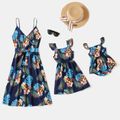 All Over Floral Print Blue V Neck Sleeveless Spaghetti Strap Dress for Mom and Me Navy