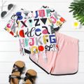 2-piece Kif Girl Letter Print Tie Knot Tee and Elasticized Pink Pretty Dolphin Shorts Set White