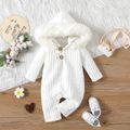 Baby Boy/Girl Solid Cable Knit Textured Faux Fur Hooded Long-sleeve Jumpsuit White