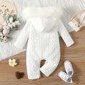 Baby Boy/Girl Solid Cable Knit Textured Faux Fur Hooded Long-sleeve Jumpsuit White