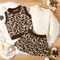 3pcs Baby Girl Coffee Leopard Knitted Vest with Skirt and Solid Long-sleeve Romper Set Coffee